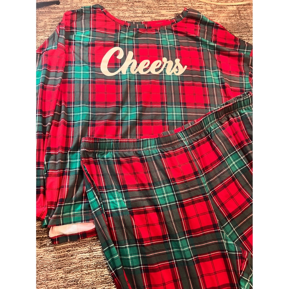 Joyspun Womens 2X Red Green Plaid Cheers Pajama Set Long Sleeve Joggers Holiday
